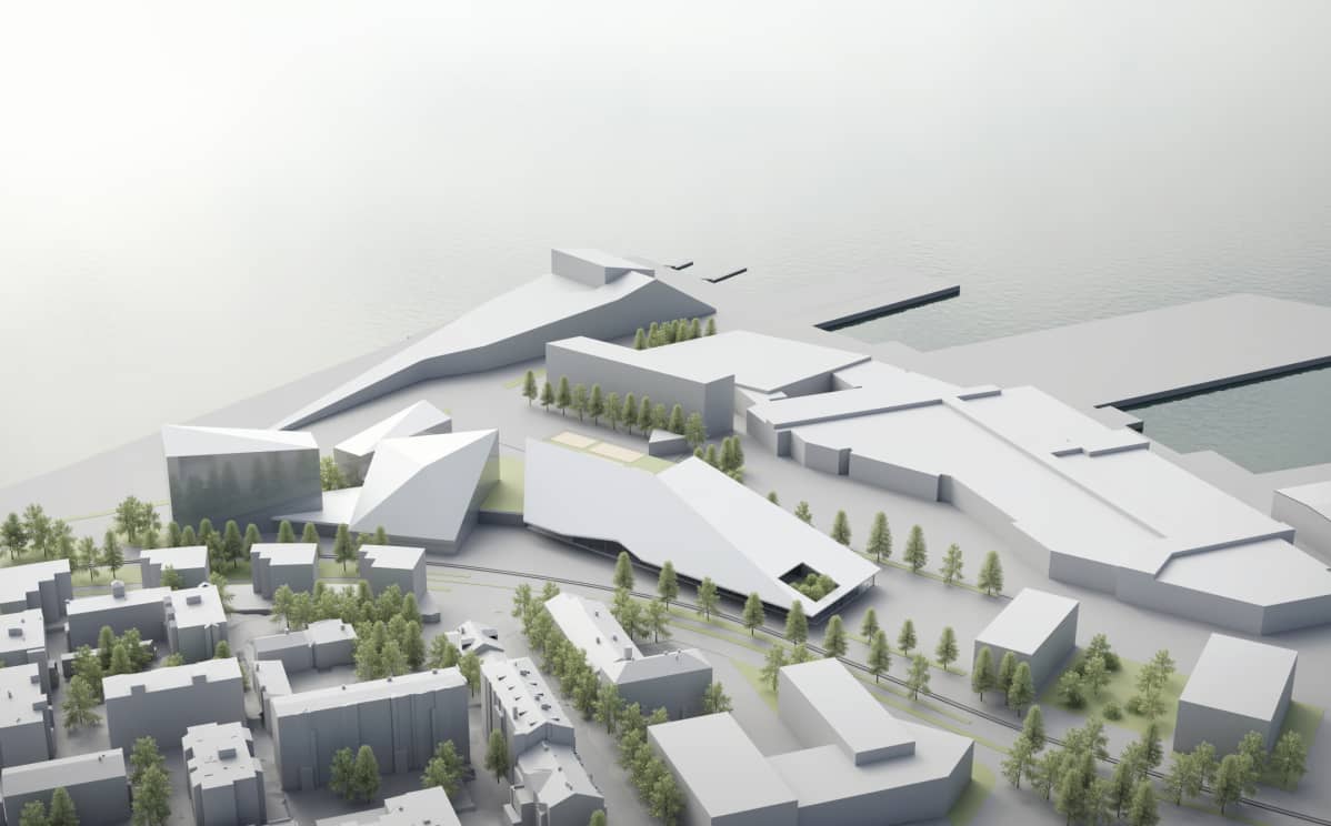 Ensimmäisen luonnosvaiheen arkkitehtikuvassa on hahmotelma Kotkan uuden kampuksen ilmakuvanäkymästä Kotkan keskustan suunnasta.