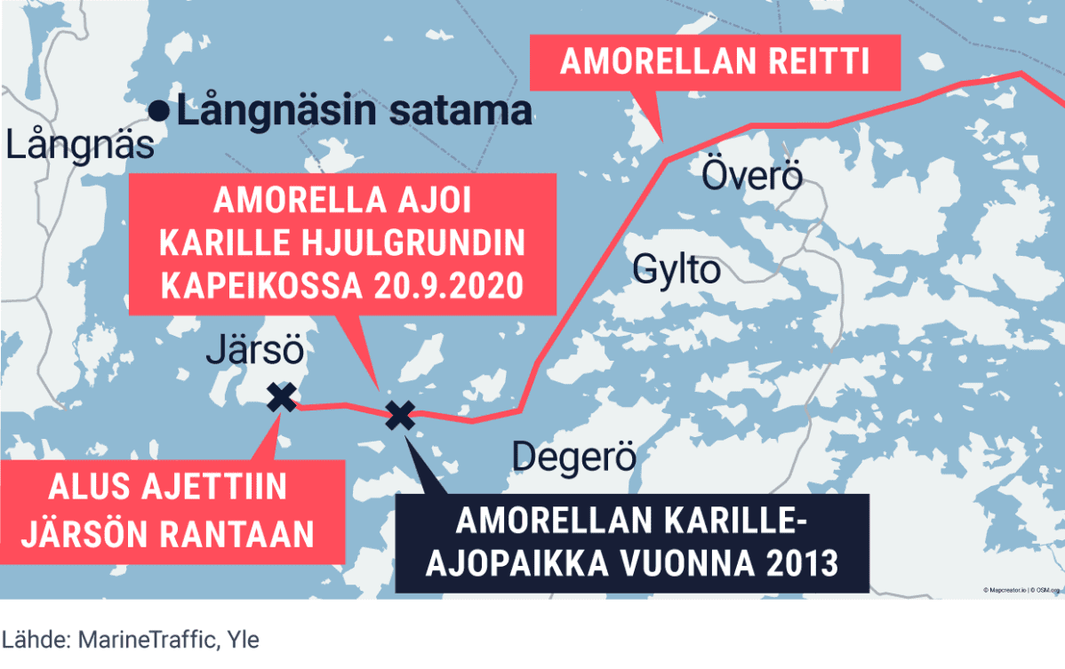 Viking Amorellan reitti ja karilleajopaikka