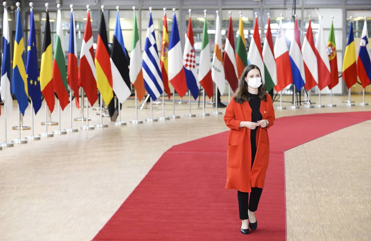 Pääministeri Sanna Marin EU-huippukokouksessa Brysselissä lokakuussa 2020.