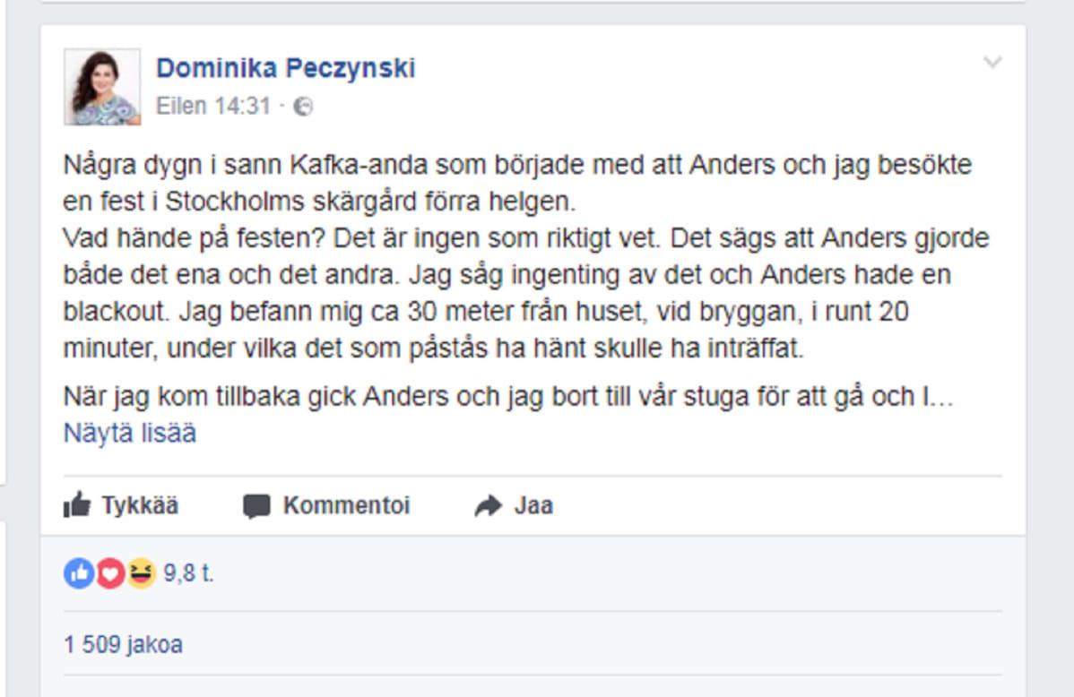 Dominika Peczynskin Facebook-päivitys.