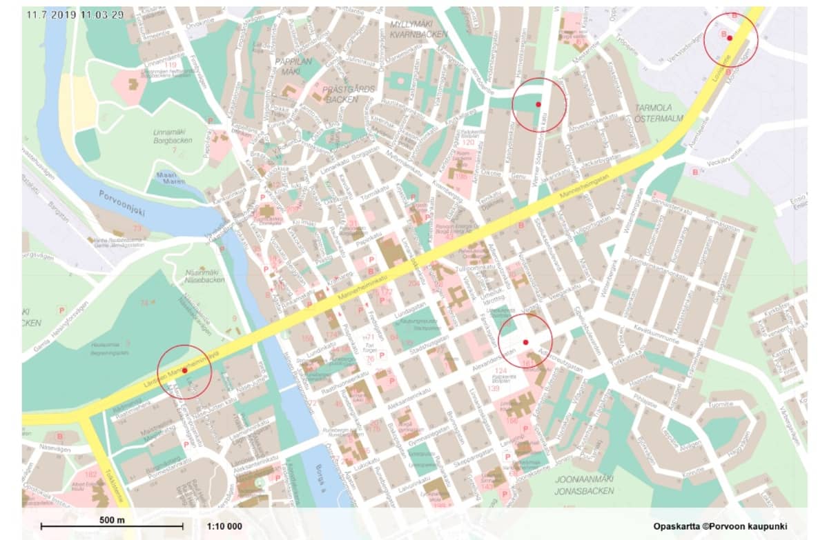 Kartta, johon nopeusvalvontakamerat Porvoossa tulevat