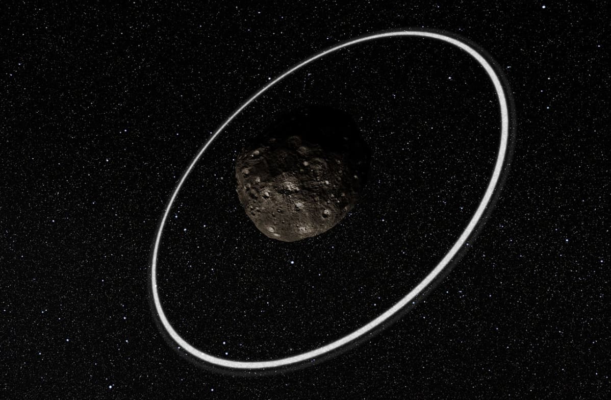 Taiteilijan näkemys Chariklo-asteroidia ympäröivistä renkaista.