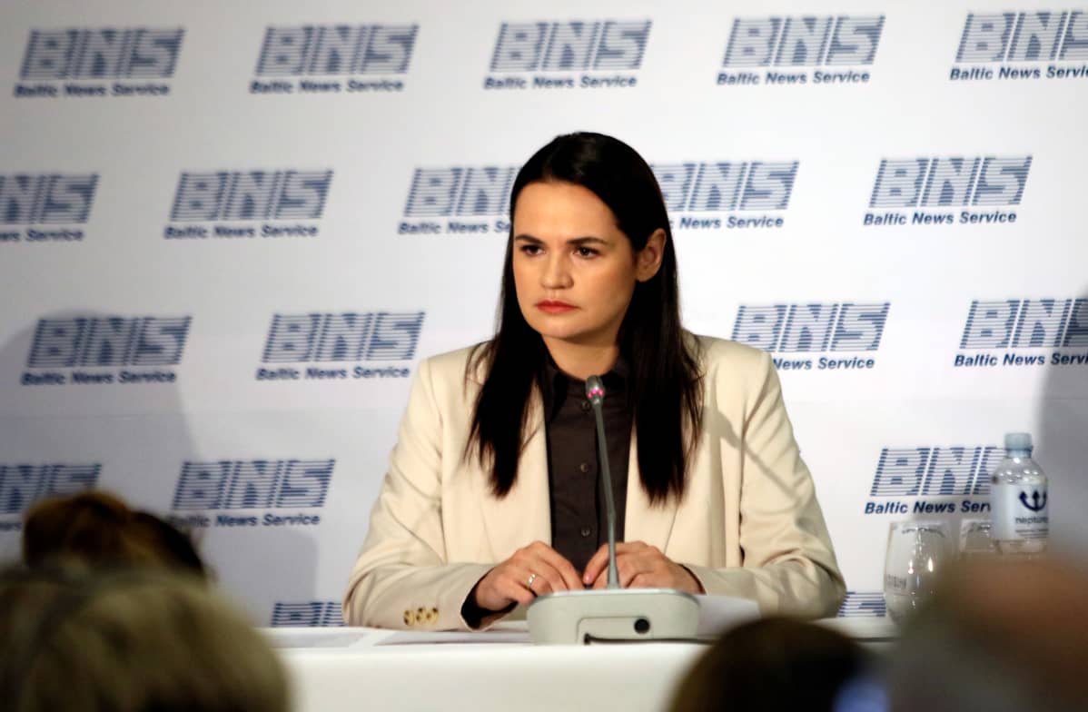 Svjatlana Tsihanouskaja puhui tiedotustilaisuudessaan.