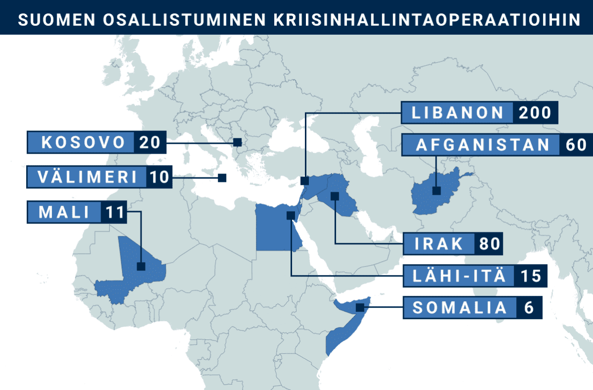 Kartta, johon merkitty maat, joissa Suomi on ollut osallisena kriisinhallintaoperaatiossa
