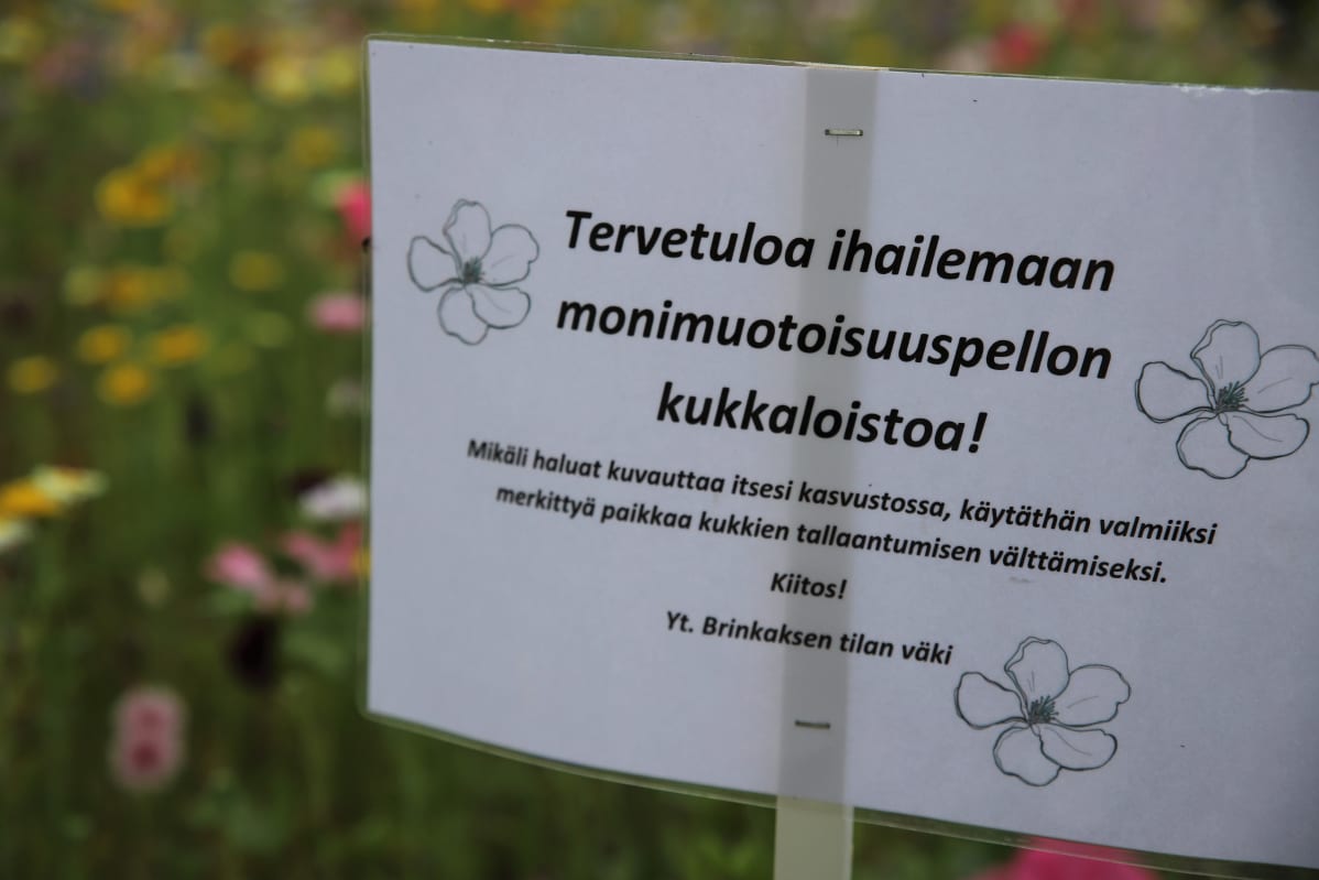 Kukkapellolla oleva kieltokyltti.
