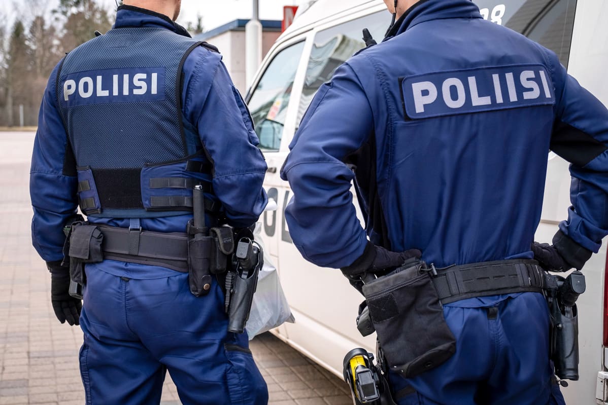 Kaksi järjestyspoliisia takaapäin kuvattuna.