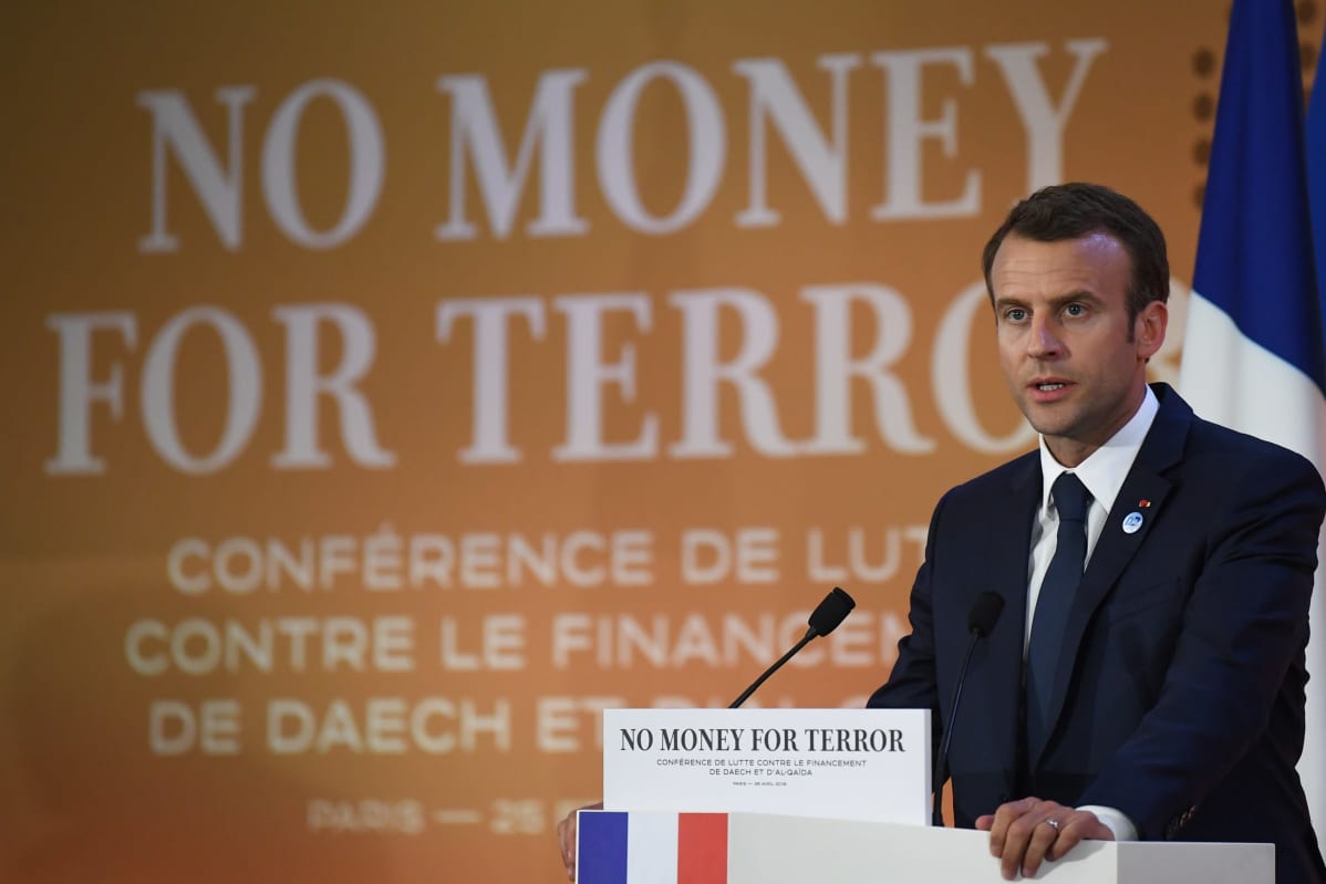Arkistokuva vuodelta 2018. Ranskan presidentti Emmanuel Macron puhui OECD:n tilaisuudessa, jossa käsiteltiin terrorismin rahoituksen torjuntaa.