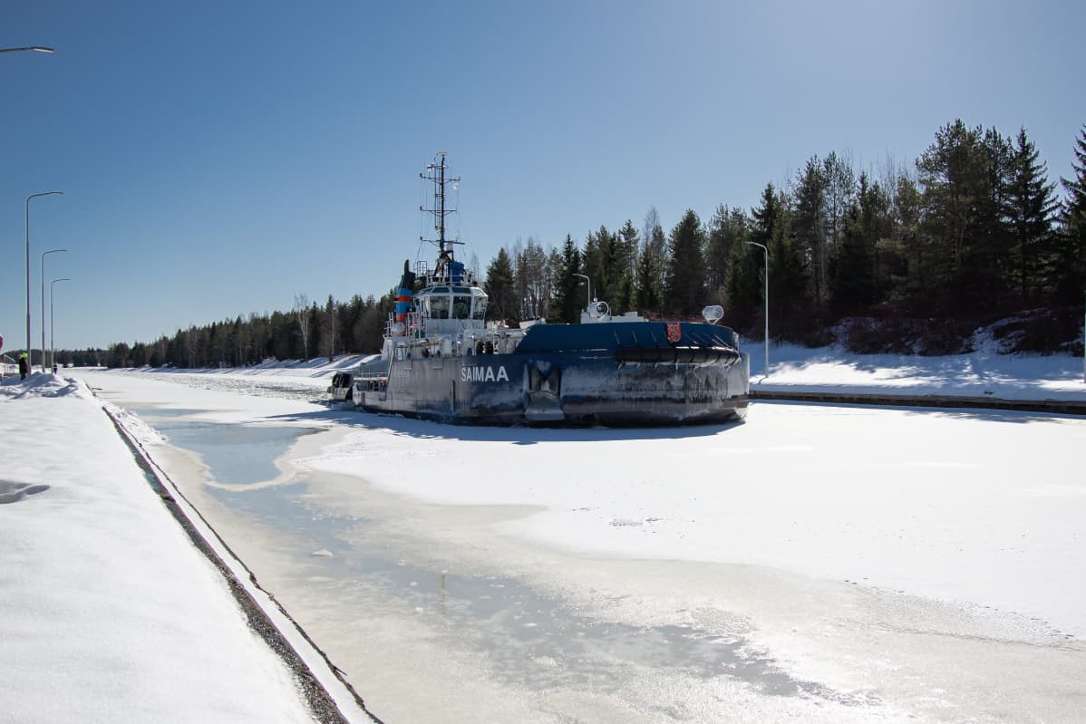 Calypso -hinaajan keulaan kiinnitetty jäätämurtava irtokeula Saimaan kanavassa murtamassa jäätä 22.3.2021