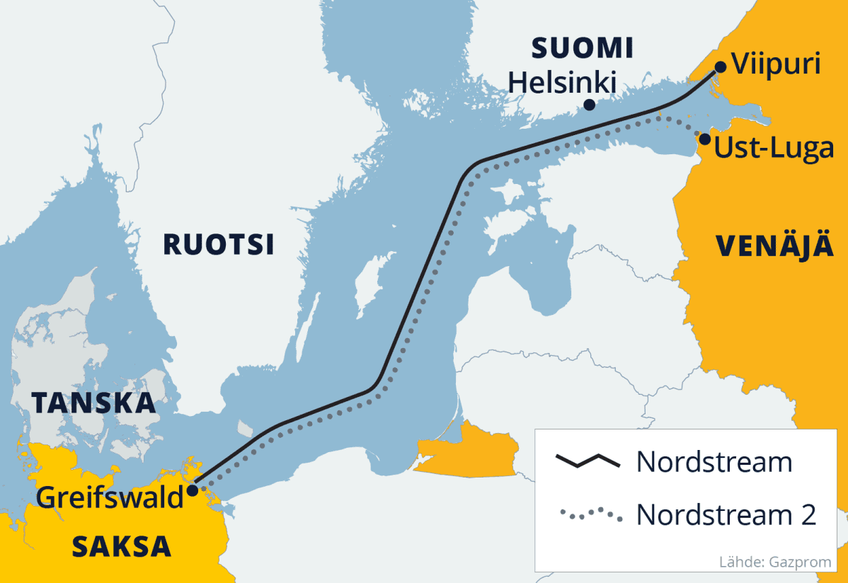 Kartalla Nordstream-kaasputien reitit Itämerellä.