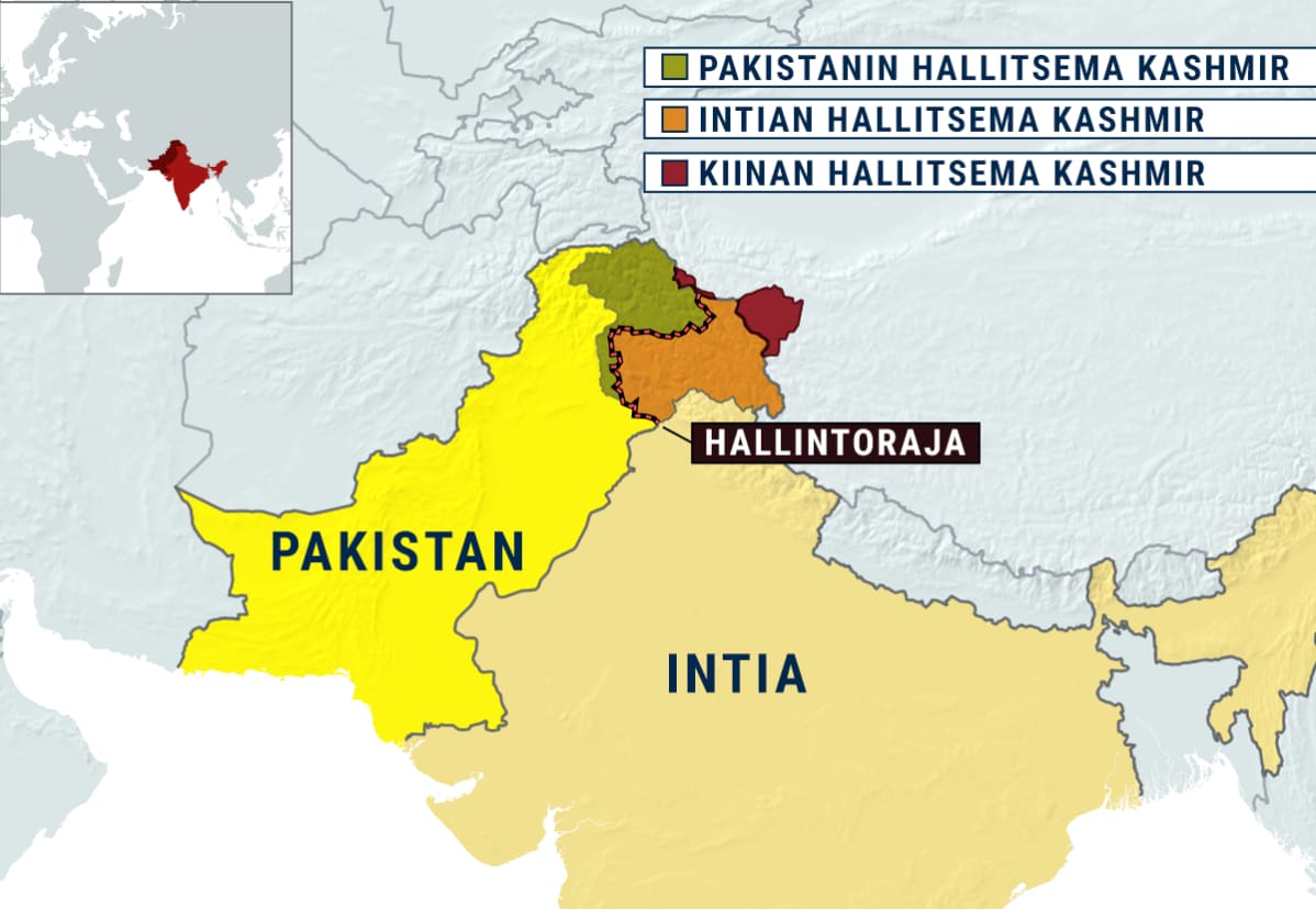 Kartta, jossa on Pakistan, Intia ja kiistanalainen Kashmirin alue