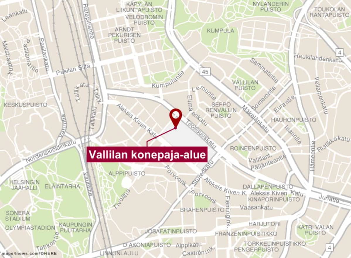 Vallilan konepaja-alue kartalla.
