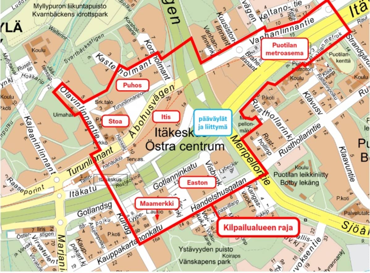 Karttakuva Itä-Helsingistä, johon on merkattu alueen ideakilpailun kilpailualue.