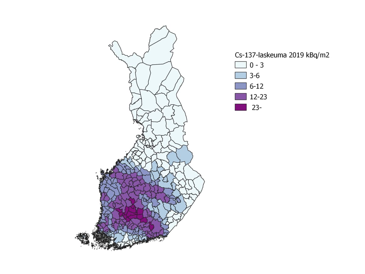 Tsernobylin ydinvoimalaonnettomuudesta aiheutunut cesium-137-laskeuma Suomessa vuonna 2019.