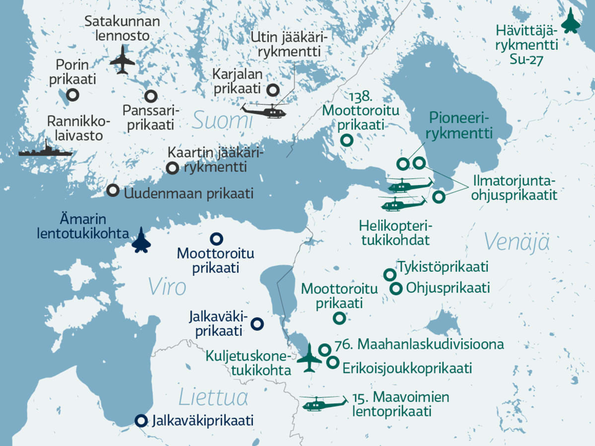Suomenlahden ja lähialueen merkittävät joukko-osastot.