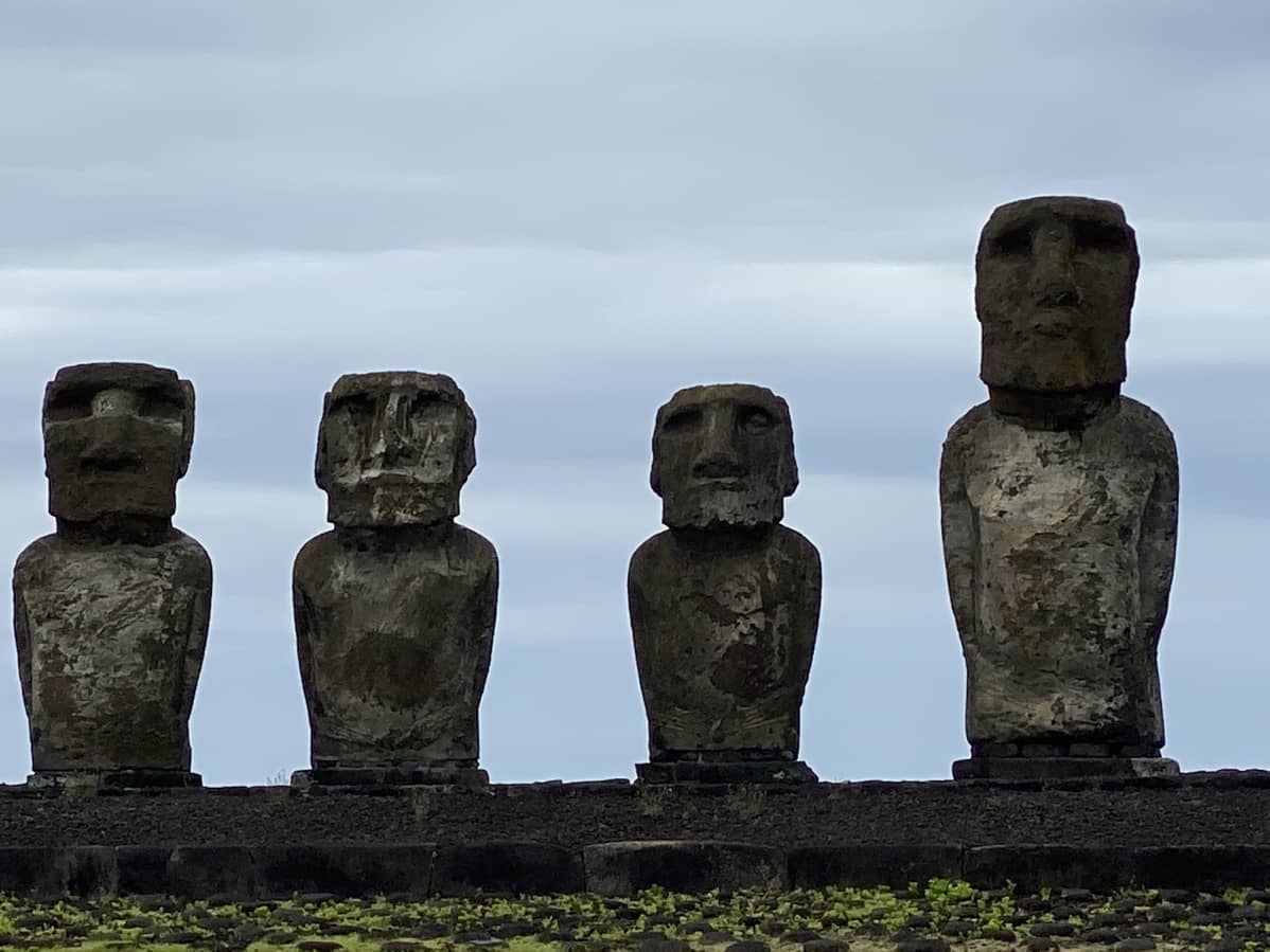 Neljä moai-patsasta vierekkäin.