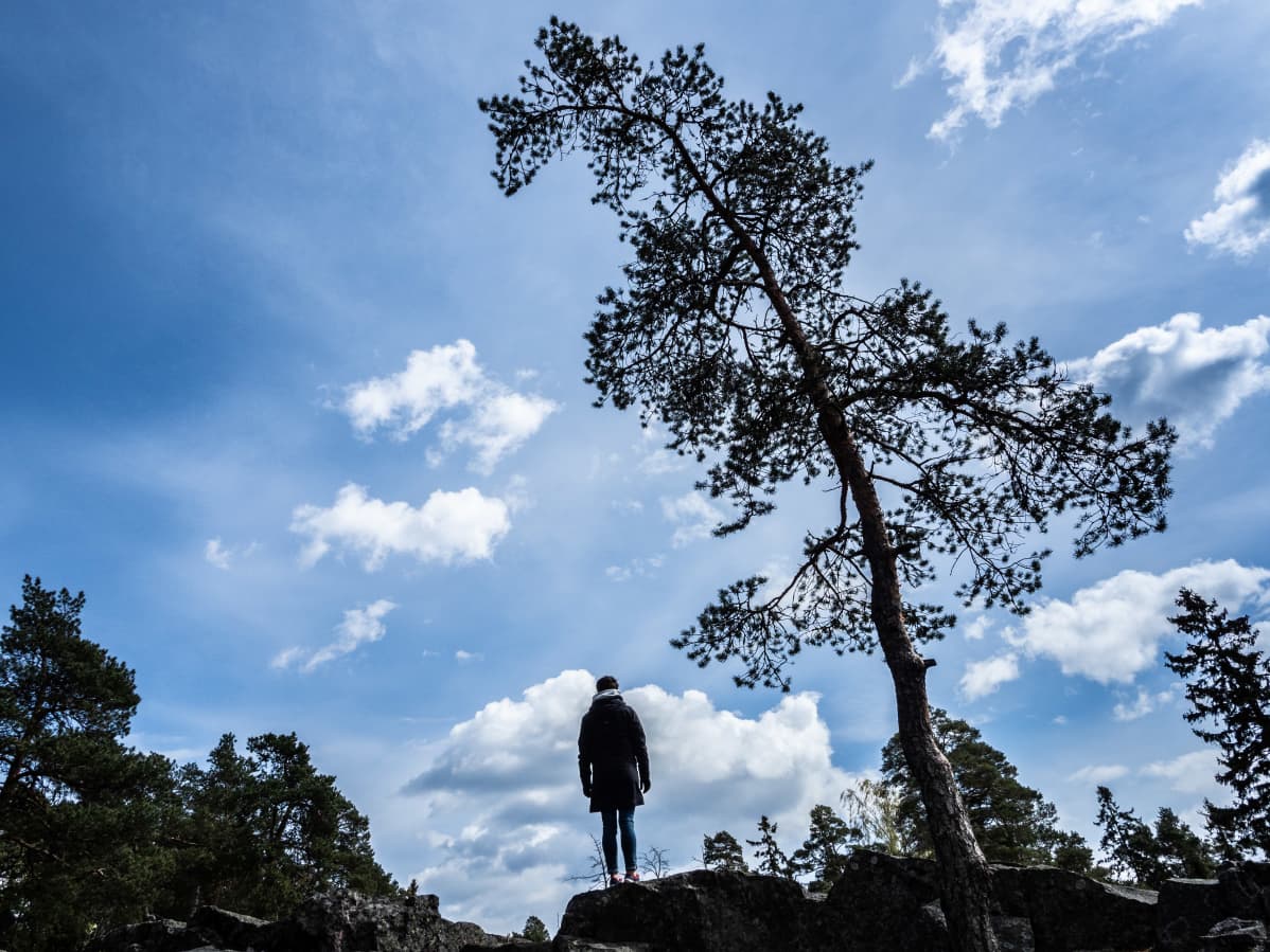 Nainen ylhäällä kalliolla katselee kohti horisonttia.