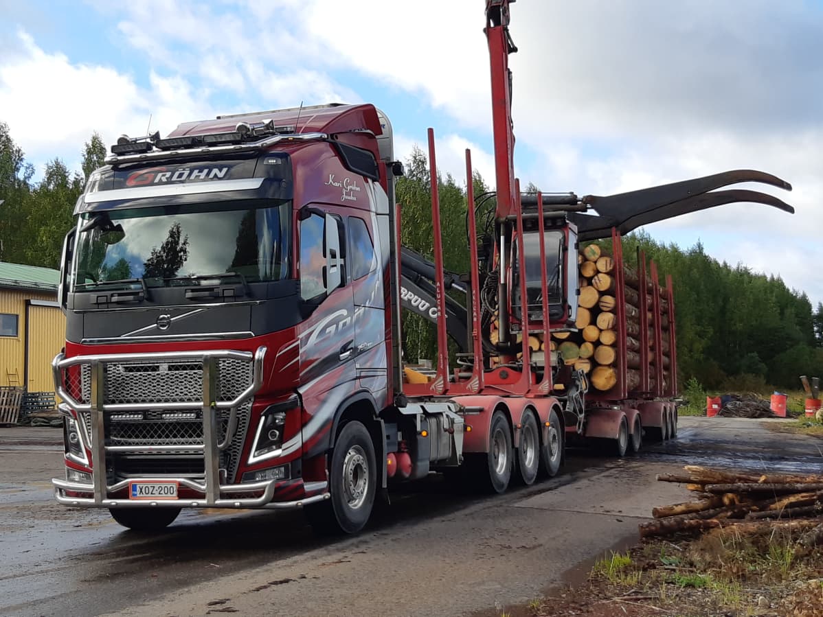Tukkirekka purkaa kuormaa