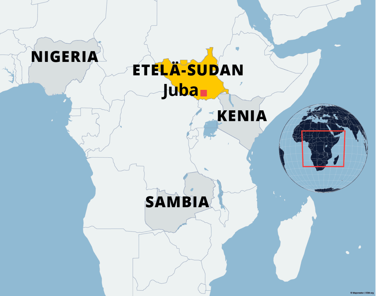 Kartalla Etelä-Sudan, Kenia ja Sambia.