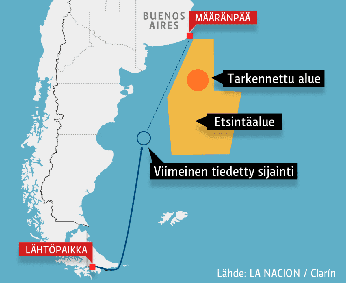 Kartta-alue, jossa näkyy sukellusveneen reitti, viimeinen tiedetty sijainti sekä etsintäalueet