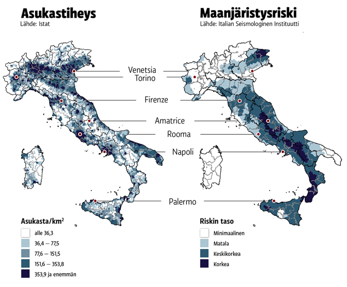 seismologinen kartta Italian maanjäristysalueella tarkastetaan talojen kuntoa  seismologinen kartta