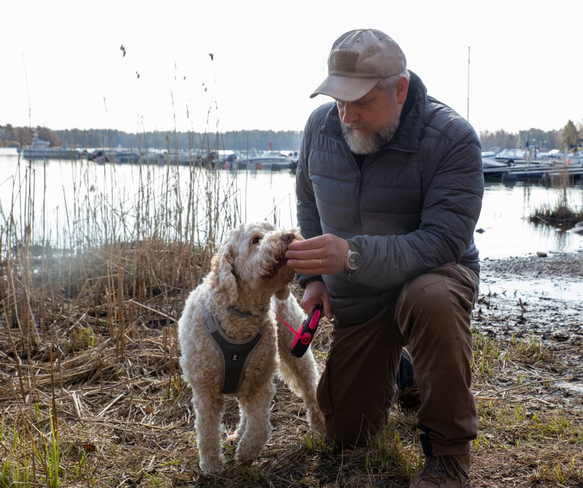 Oskari Hellman ja nelivuotias australian labradoodle Lotta meren rannassa Helsingissä.