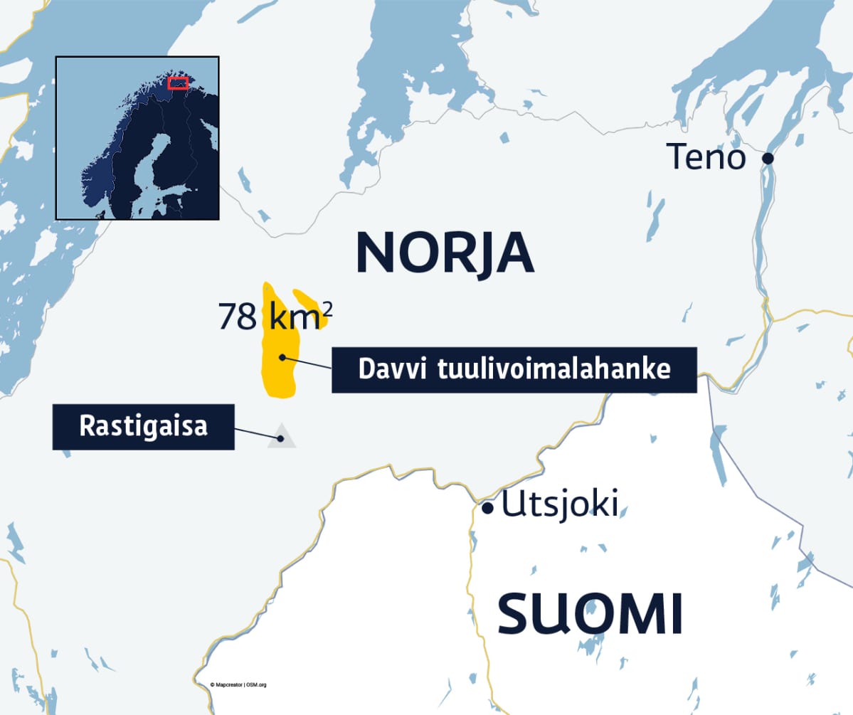 Karttagrafiikka Rastigaisan tuulivoimala-alueen sijainnista.