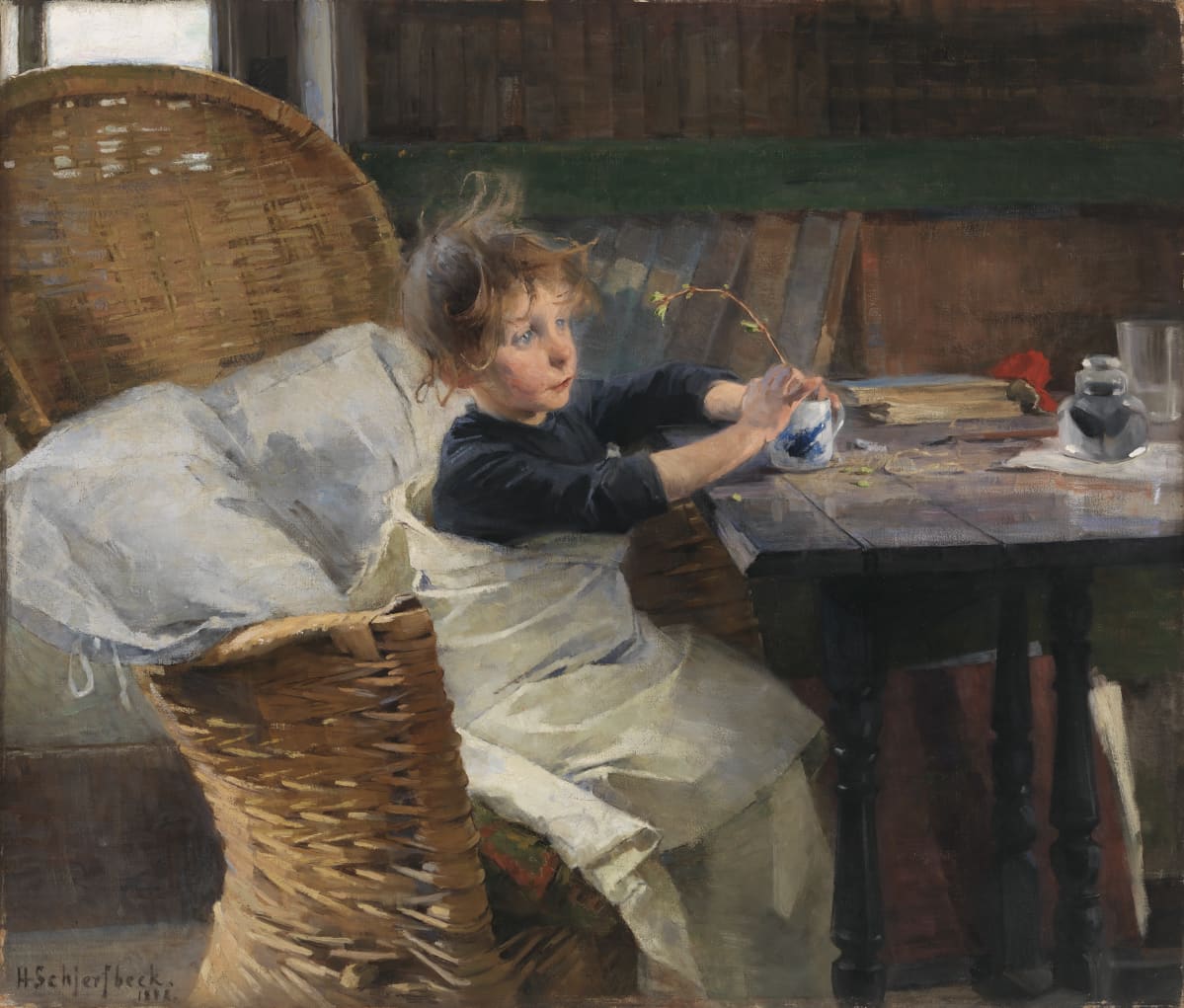 En bild av Helene Schjerfbeck: Konvalescenten (1888). En ung flicka sitter inlindad i ett lakan vid ett bord och håller i en liten kvist med spirande gröna blad. 