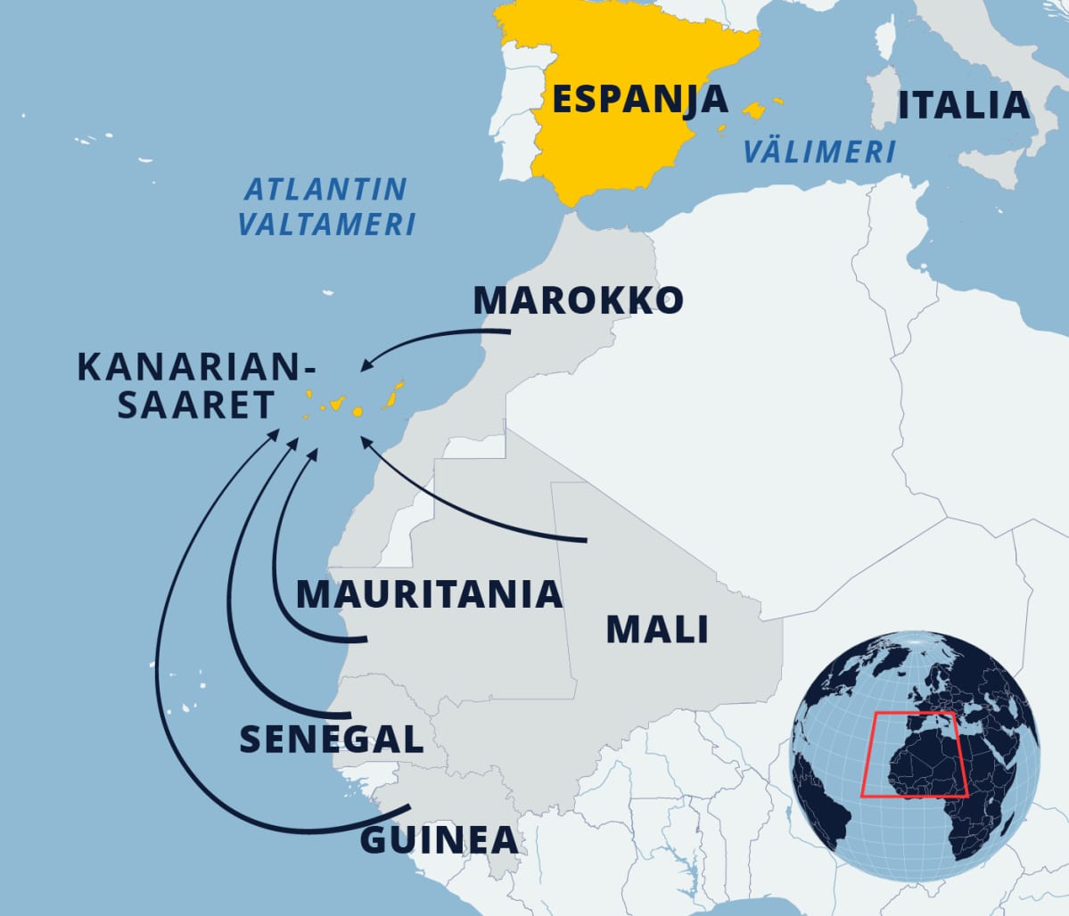 Kartta reiteistä Länsi-Afrikasta Kanariansaarille