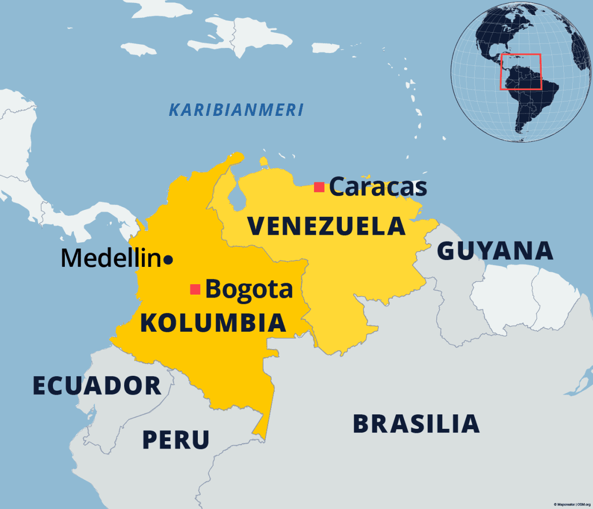 Kartta Kolumbiasta ja Venezuelasta.
