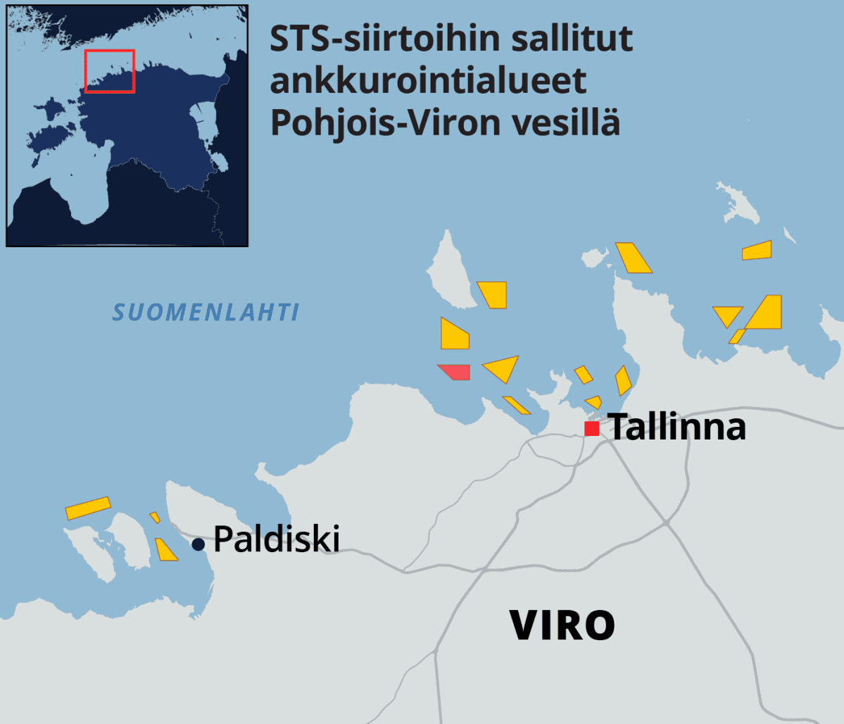 STS-siirtoihin sallitut ankkurointialueet Pohjois-Viron vesillä Suomenlahdella.