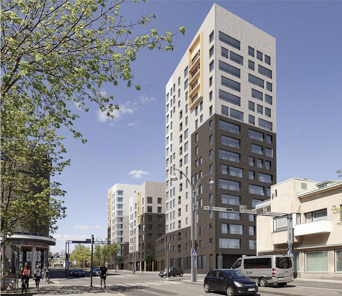 Havainnekuva Jyväskylän Kalevankatu 8-10 alueelle tulevista kerrostaloista.