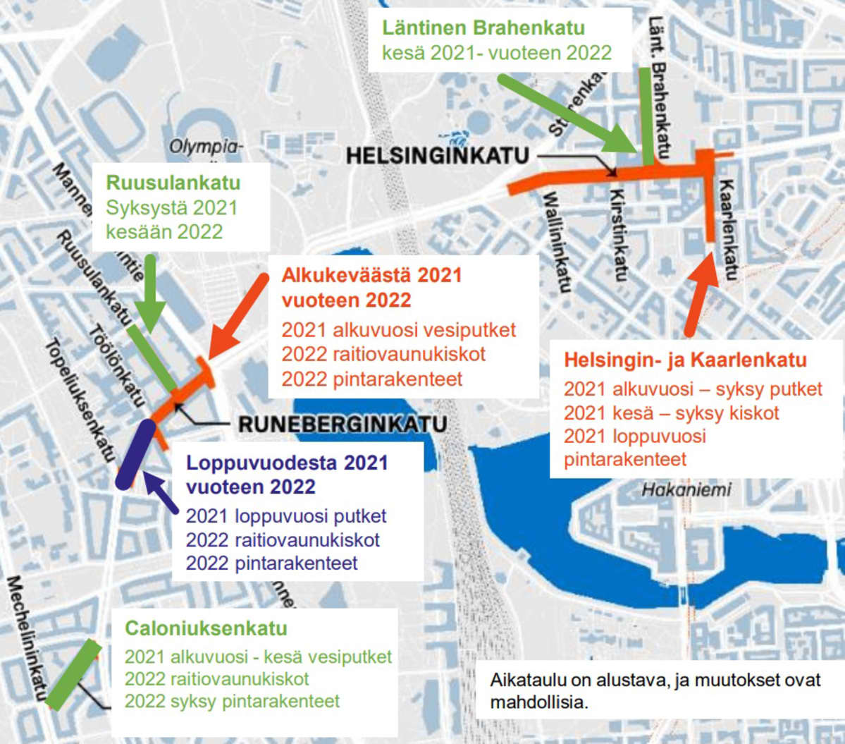 Kartta Kasin katutöiden työmaa-alueesta.
