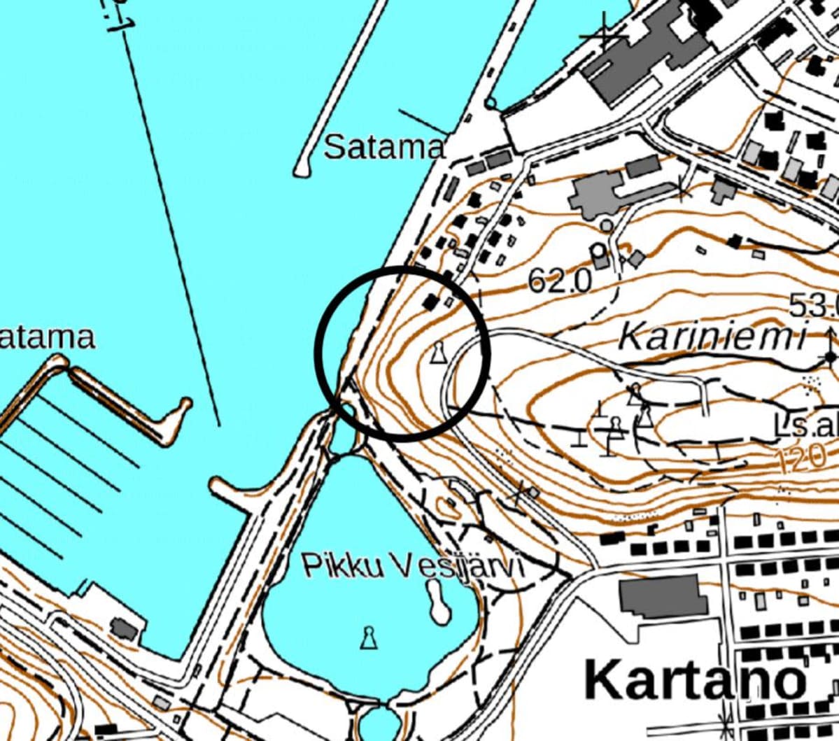 Kartta Lahden satama-alueesta, johon kuntoportaiden paikka on merkitty.