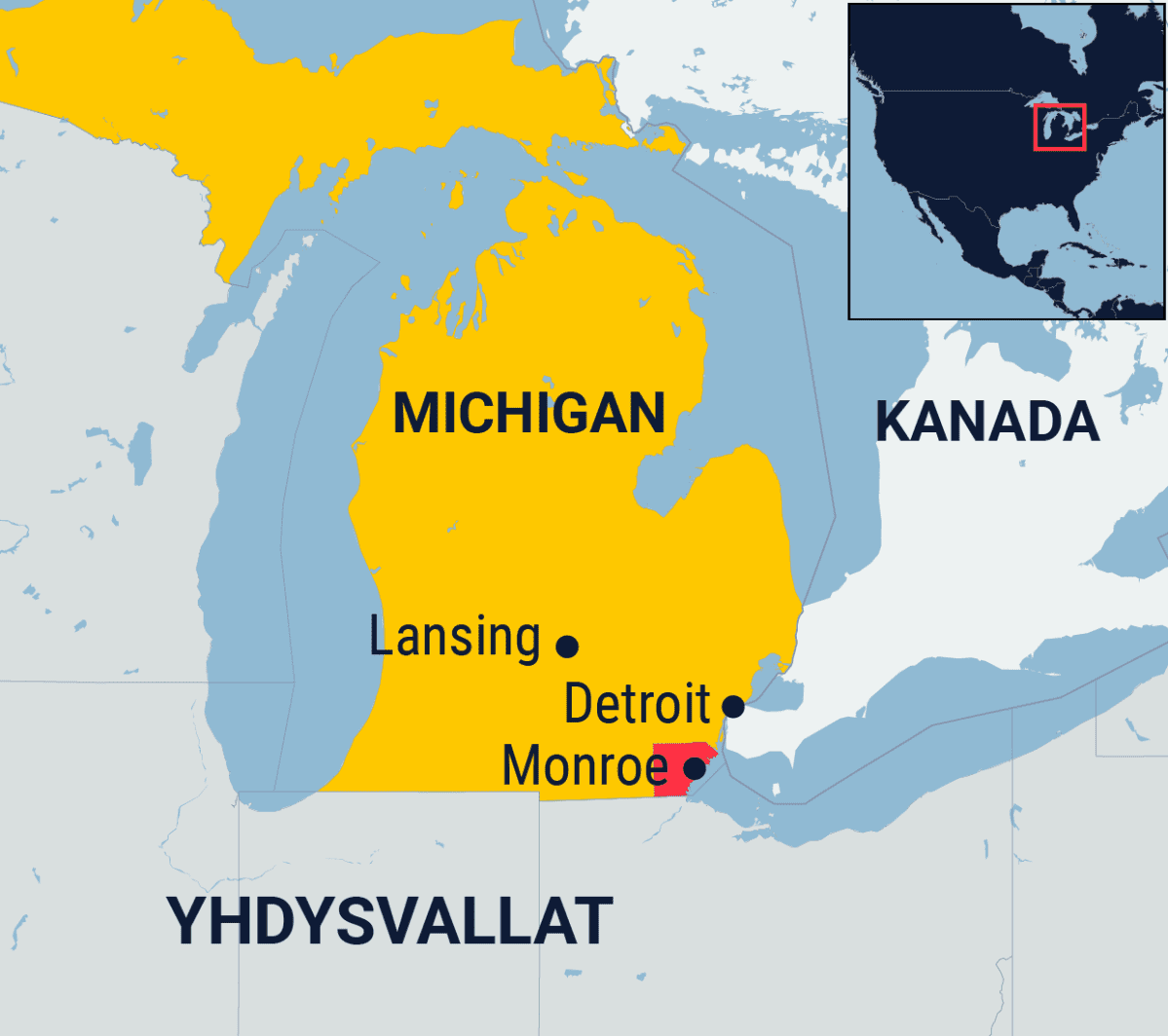 Kartta Monroen kaupungista Michiganin osavaltiossa Yhdysvalloissa.