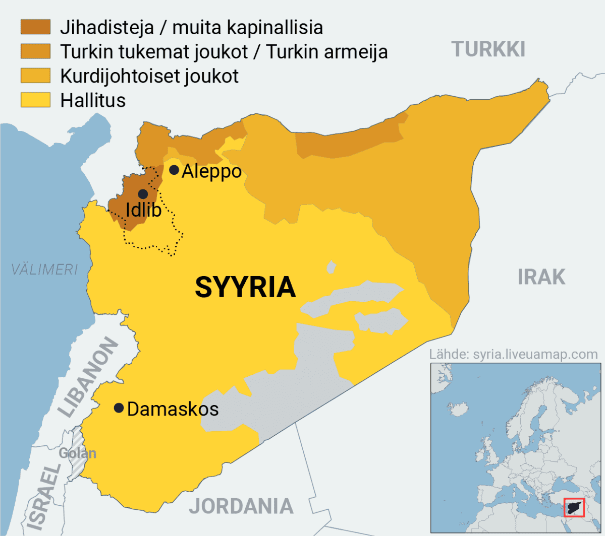 Infokartta Syyriaa hallitsevista joukoista.