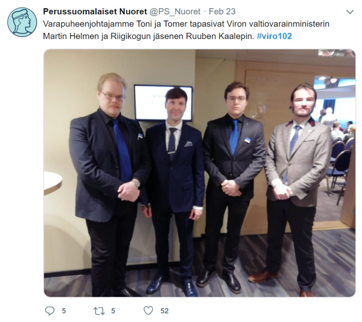 Perussuomalaisten nuorten tviitti 23.2.2020