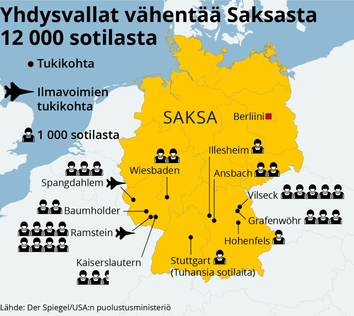 Infokartta Amerikkalaissotilaiden määrästä Saksassa.