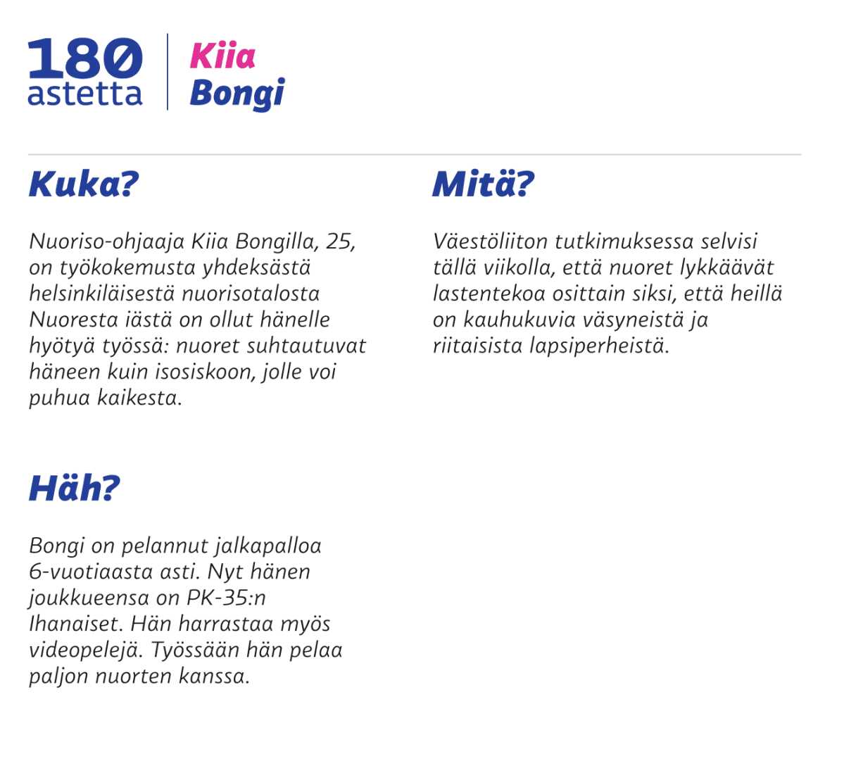 180 astetta: Kiia Bongi