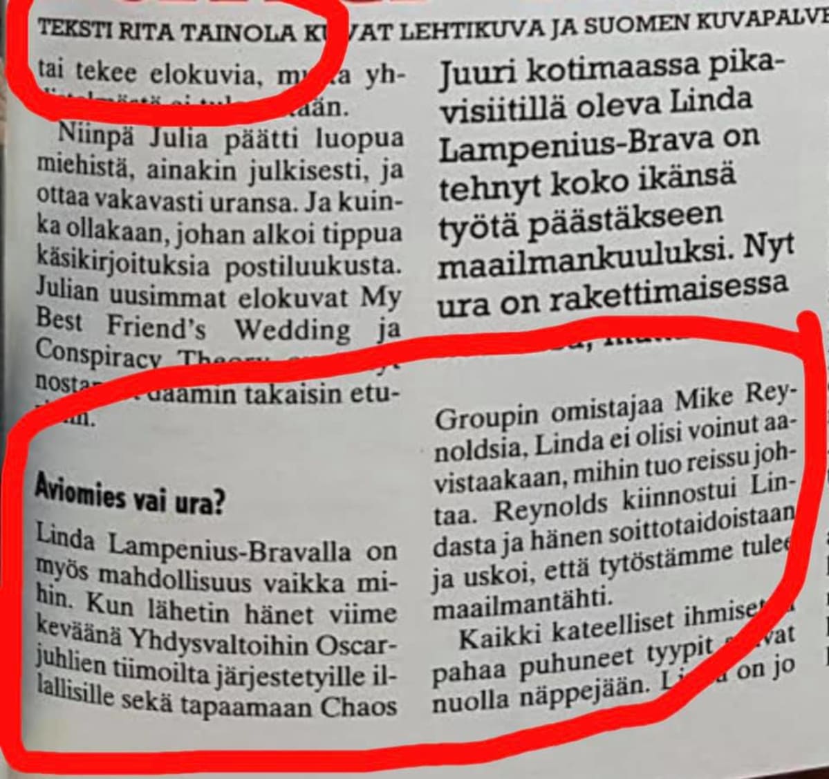 Kuva Seura-lehden artikkelista Linda Lampeniuksen Facebook-sivuilta.