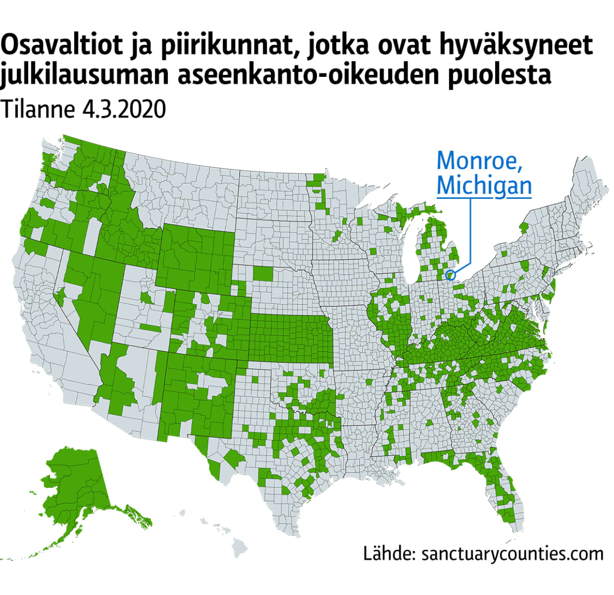 Kartta Yhdysvaltojen osavaltioista ja piirikunnista, jotka ovat hyväksyneet julkilausuman aseenkanto-oikeuden puolesta.