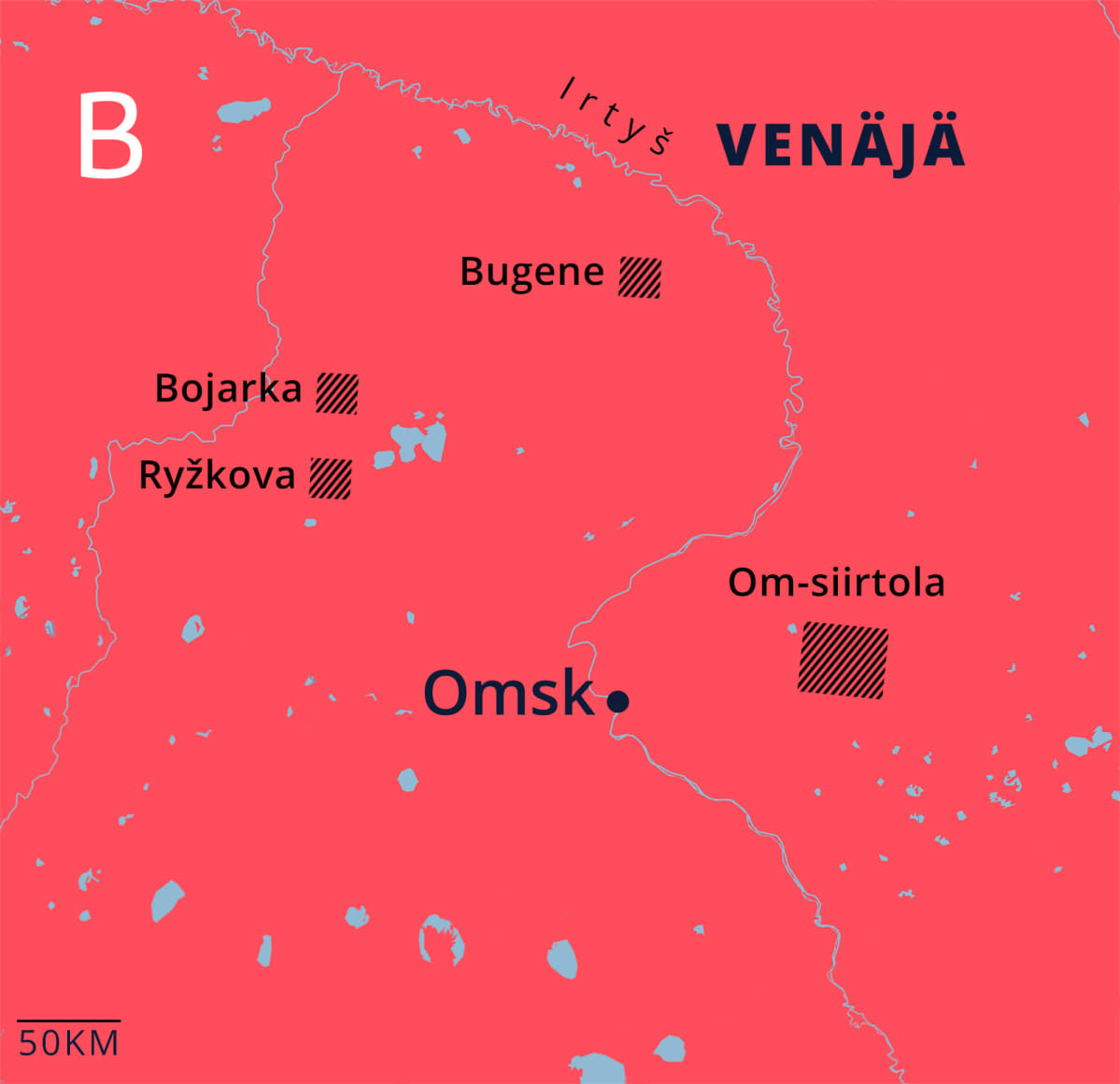 Kartta vankileireistä 1800-luvulla Venäjällä Omskin alueella.
