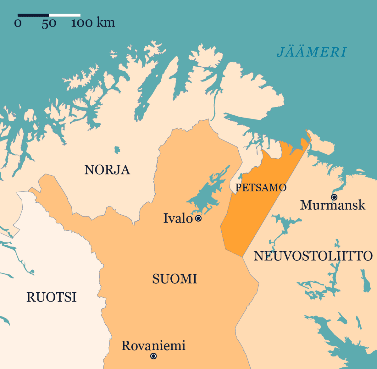 Kartalla vuosina 1920-1944 Suomeen kuulunut Petsamon alue.
