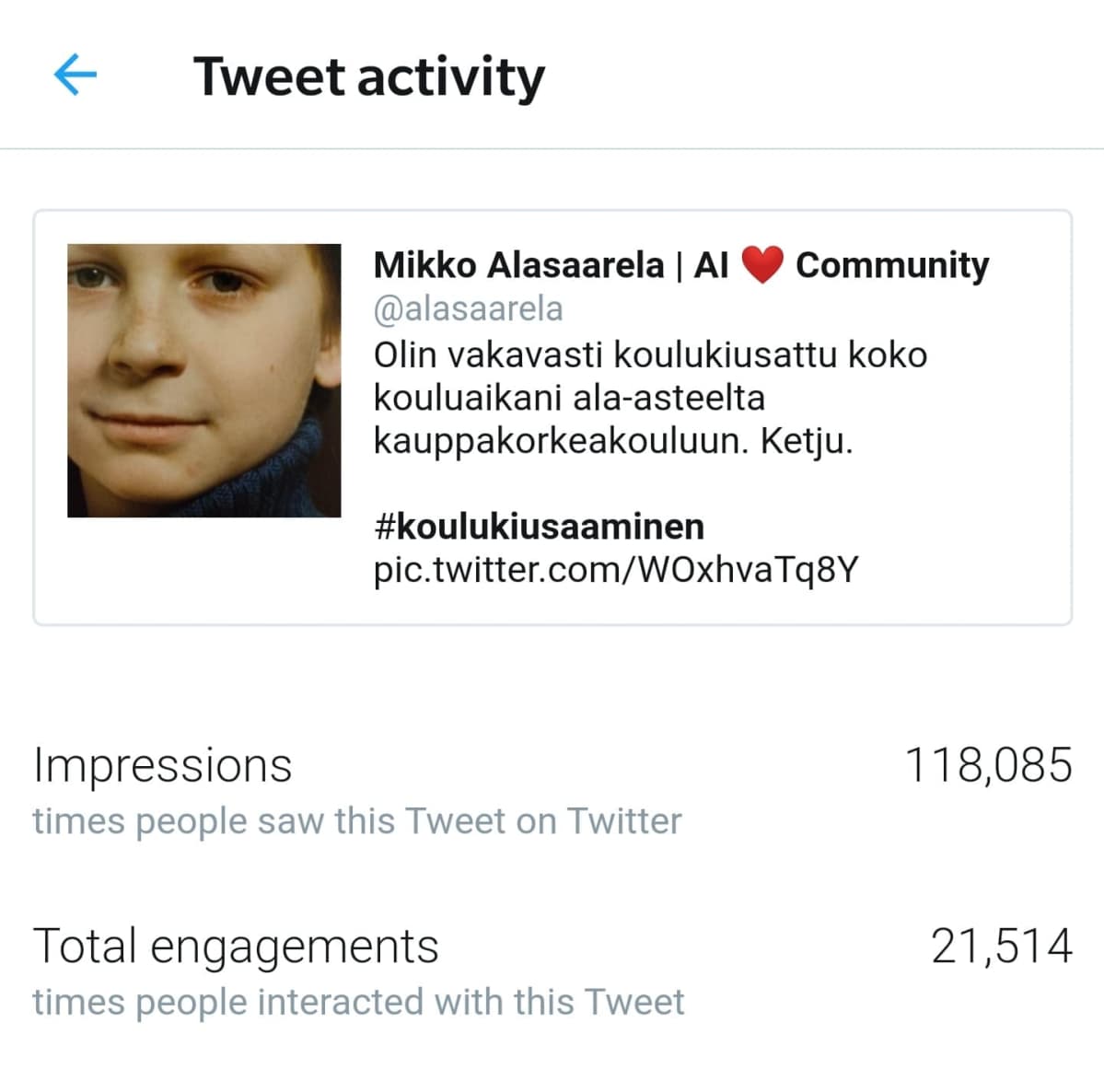 Mikko Alasaarelan twiitti kiusaamisesta on suurin suomenkielinen päivitys Twitterissä