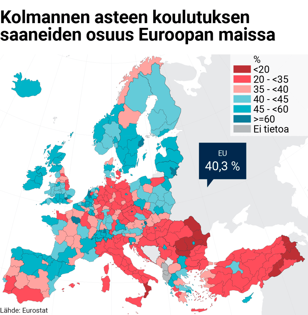 Infokartta kolmannen asteen koulutuksen saaneiden osuudesta Euroopassa.