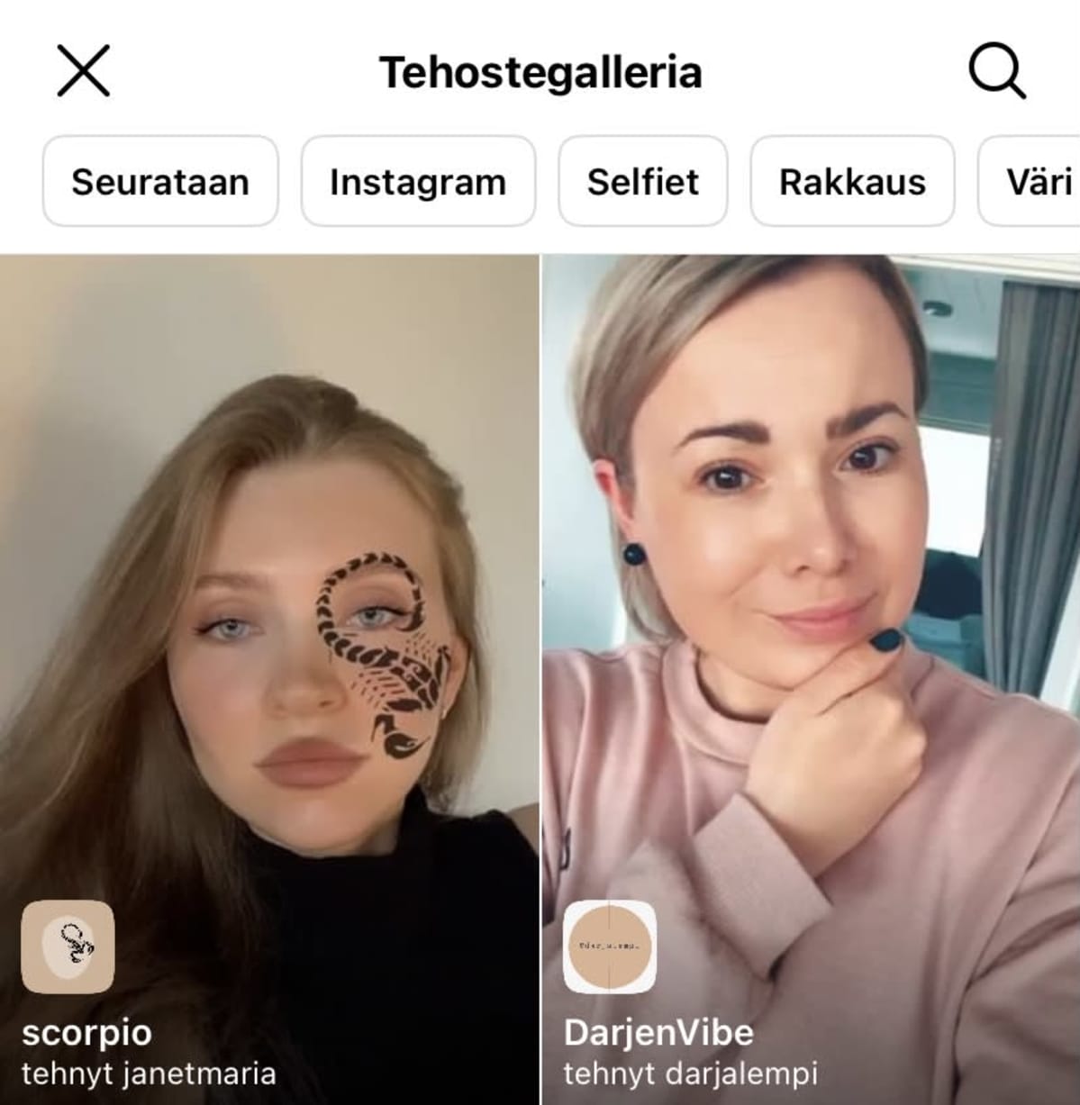 Instagramin Tehostegalleria-näkymä.