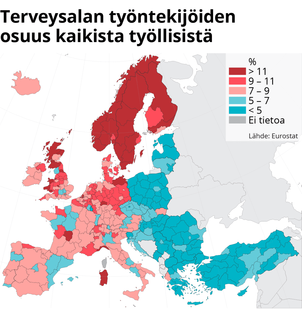 Infokartta terveysalantyöntekijöiden osuudesta kaikista työllisistä.