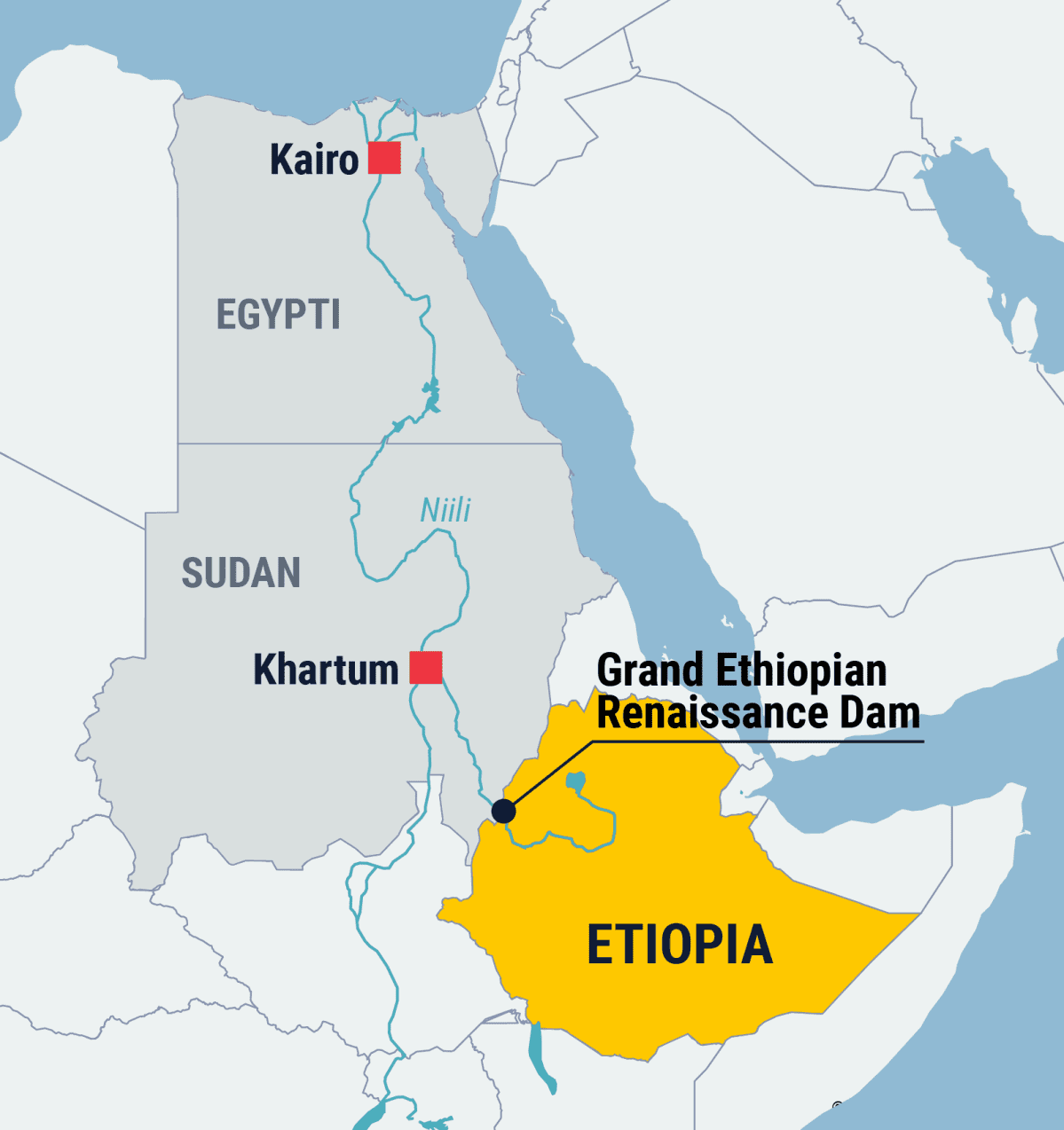 Kartta näyttää Grand Ethiopian Renaissance Dam -padon sijainti Etiopian länsirajan läheisyydessä.