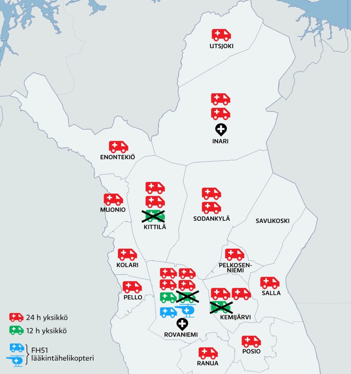 Lapin sairaanhoitopiirin ambulanssit kunnittain