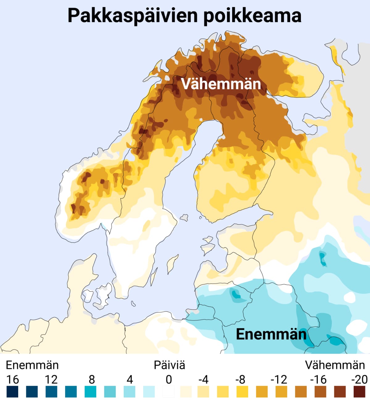Pakkaspäivien poikkeama maarraskuussa jakson 1981–2010 keskimääräiseen. Lapissa oli poikkeuksellisen vähän pakkaspäiviä.