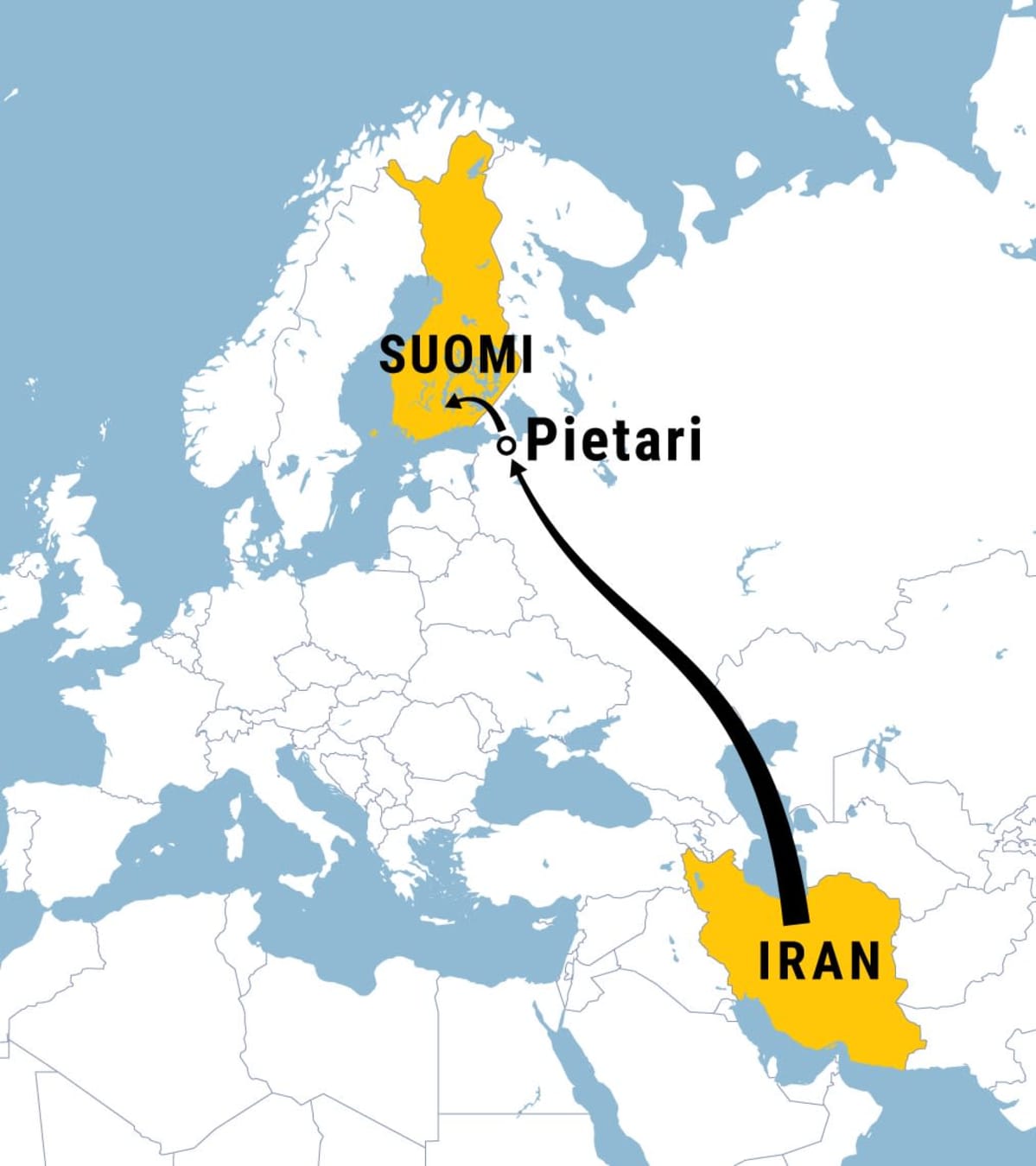 Kartta, jossa kuvattu nuolella reitti Iranista Pietarin kautta Suomeen